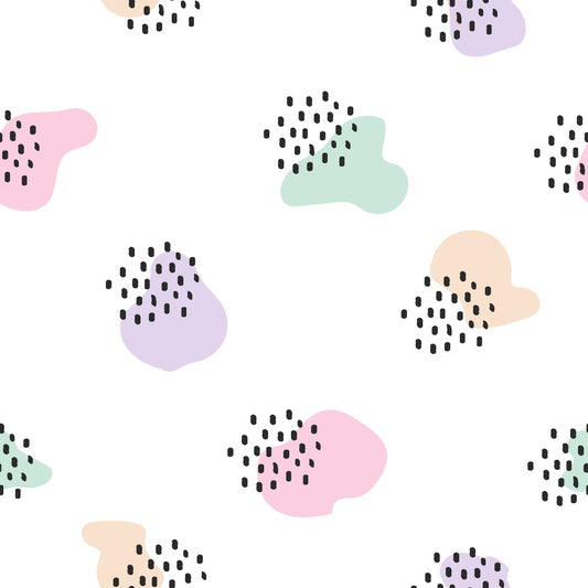 Abstract pattern with pastel blobs and black dashed clusters on a white background.