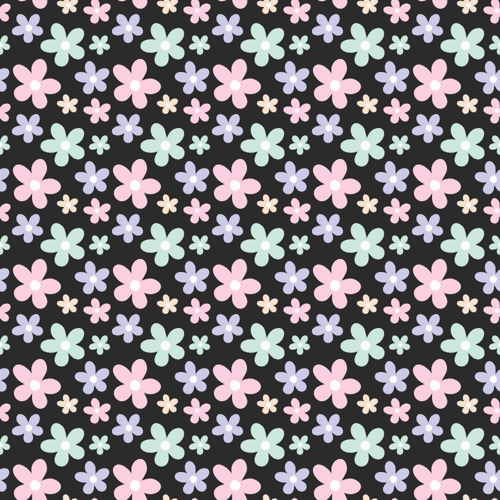 Pattern of pastel-colored flowers in pink, blue, and green on a black background. Various sizes are evenly distributed across the image.