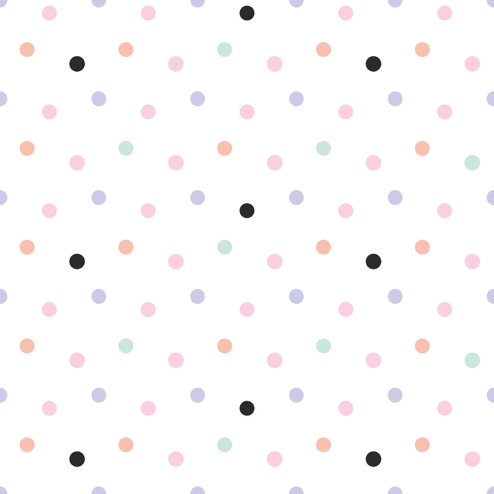 Pattern of evenly spaced colored polka dots on a white background. The dots include pink, blue, green, and black.