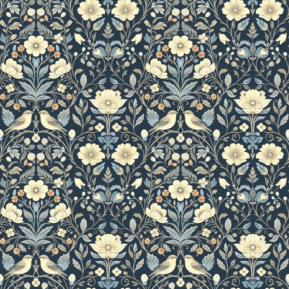 Floral wallpaper pattern with cream flowers, blue-green leaves, and small birds on a dark background. Symmetrical, repeating design.