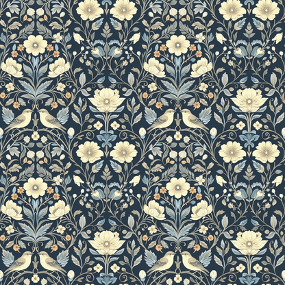 Floral wallpaper pattern with cream flowers, blue-green leaves, and small birds on a dark background. Symmetrical, repeating design.