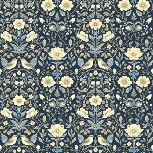 Floral wallpaper pattern with cream flowers, blue-green leaves, and small birds on a dark background. Symmetrical, repeating design.