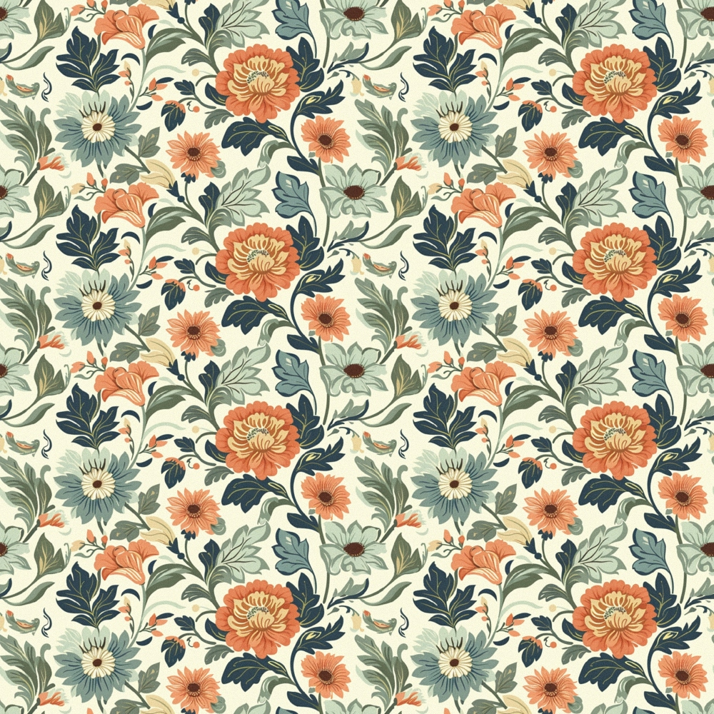 Floral pattern with orange, yellow, and red flowers, green leaves, and swirling vines on a light background.