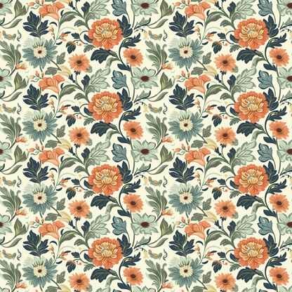 Floral pattern with orange, yellow, and red flowers, green leaves, and swirling vines on a light background.