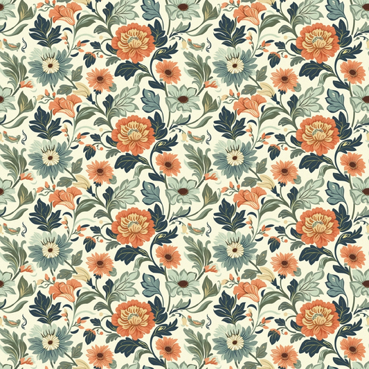 Floral pattern with orange, yellow, and red flowers, green leaves, and swirling vines on a light background.