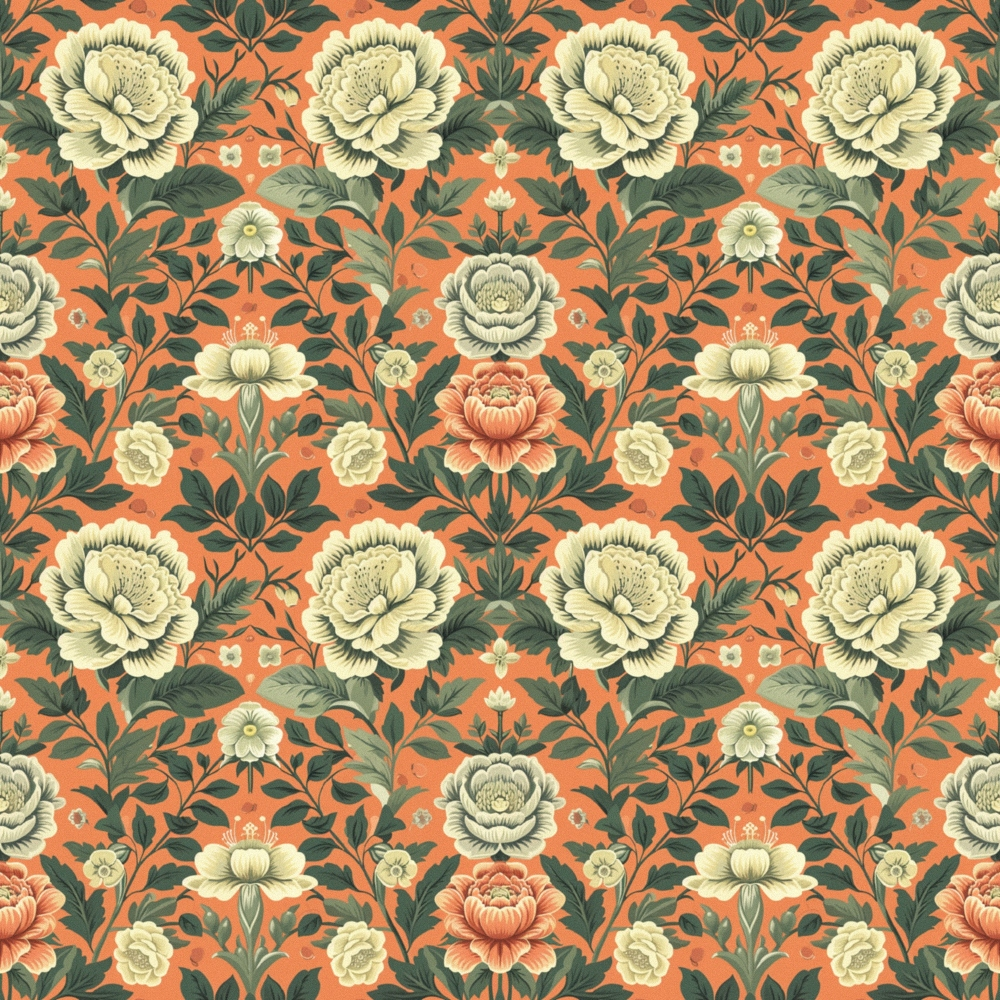 Seamless floral pattern with cream and coral roses on an orange background, featuring green leaves and symmetrical design.