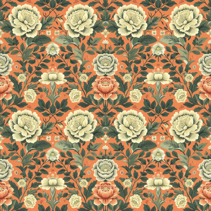 Seamless floral pattern with cream and coral roses on an orange background, featuring green leaves and symmetrical design.