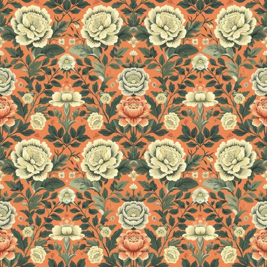 Seamless floral pattern with cream and coral roses on an orange background, featuring green leaves and symmetrical design.