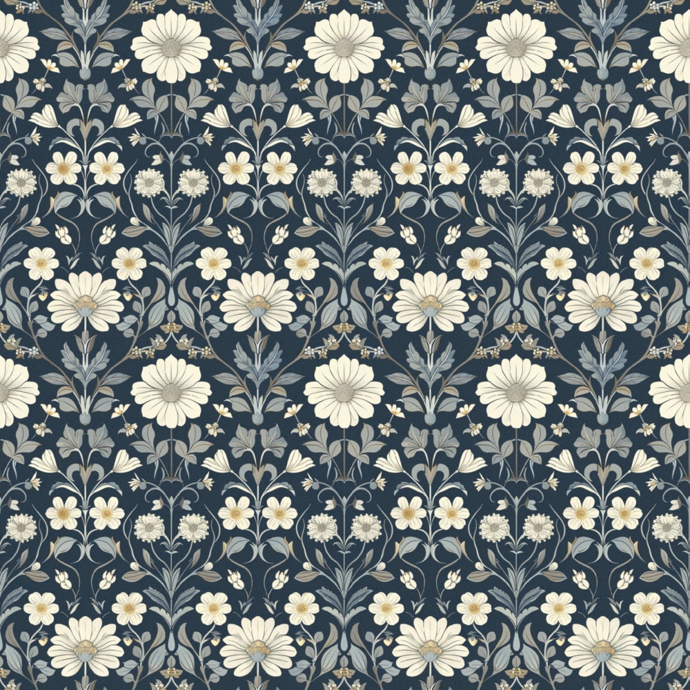 Floral pattern featuring white flowers and leaves on a dark blue background, arranged in a symmetrical, repeating design.