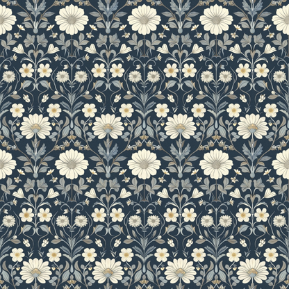 Floral pattern featuring white flowers and leaves on a dark blue background, arranged in a symmetrical, repeating design.