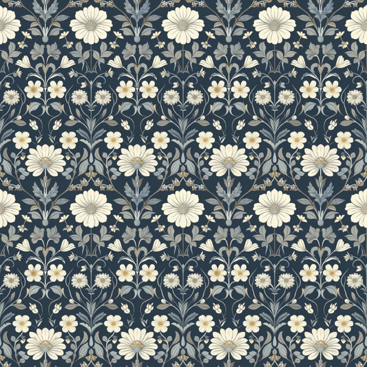 Floral pattern featuring white flowers and leaves on a dark blue background, arranged in a symmetrical, repeating design.