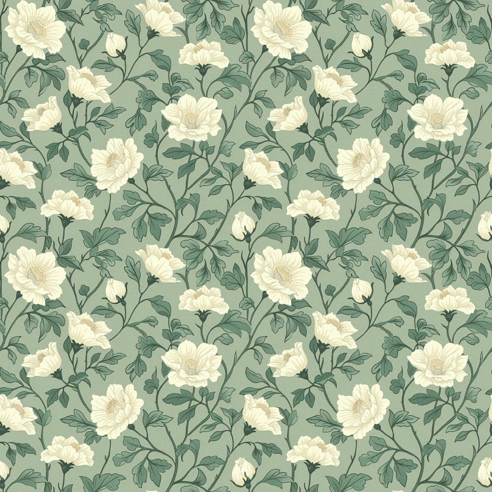 Vintage-style floral pattern with white flowers and green leaves on a muted green background.