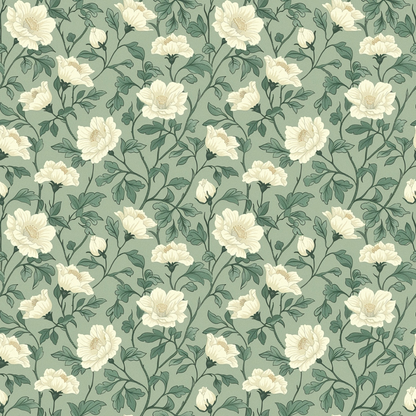 Vintage-style floral pattern with white flowers and green leaves on a muted green background.