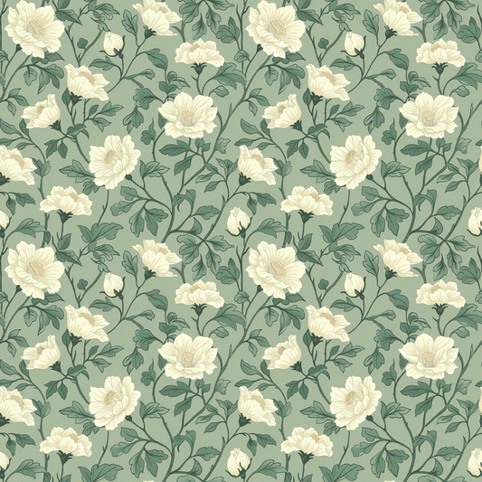 Vintage-style floral pattern with white flowers and green leaves on a muted green background.