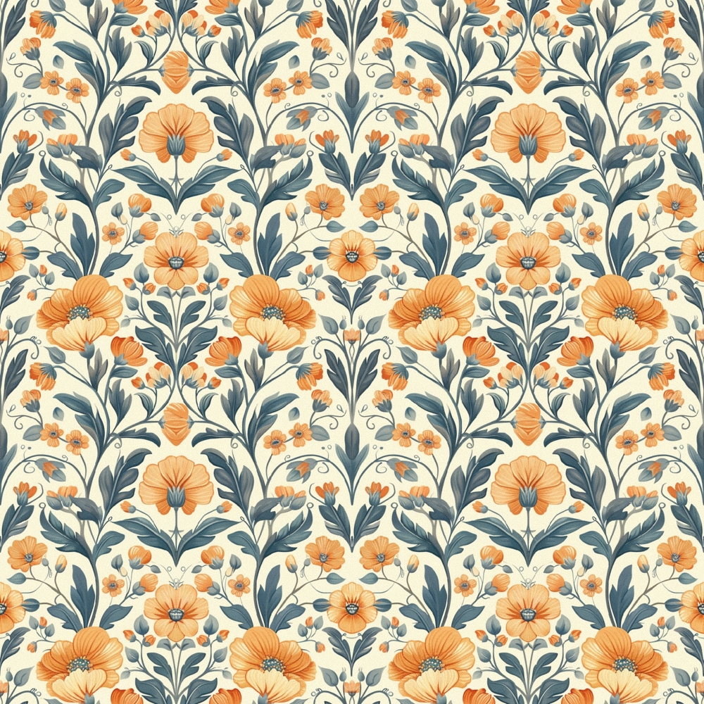 Orange and blue floral pattern with leaves on a cream background, featuring large flowers and smaller blossoms in a symmetrical design.