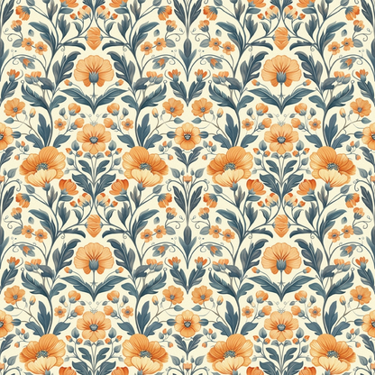 Orange and blue floral pattern with leaves on a cream background, featuring large flowers and smaller blossoms in a symmetrical design.