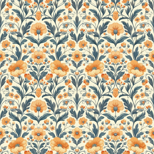 Orange and blue floral pattern with leaves on a cream background, featuring large flowers and smaller blossoms in a symmetrical design.