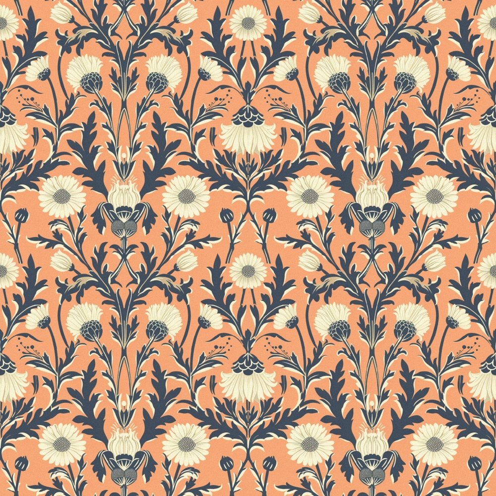 Floral pattern with white daisies and blue leaves on an orange background; symmetrical, repeating design.