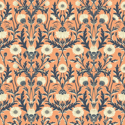 Floral pattern with white daisies and blue leaves on an orange background; symmetrical, repeating design.