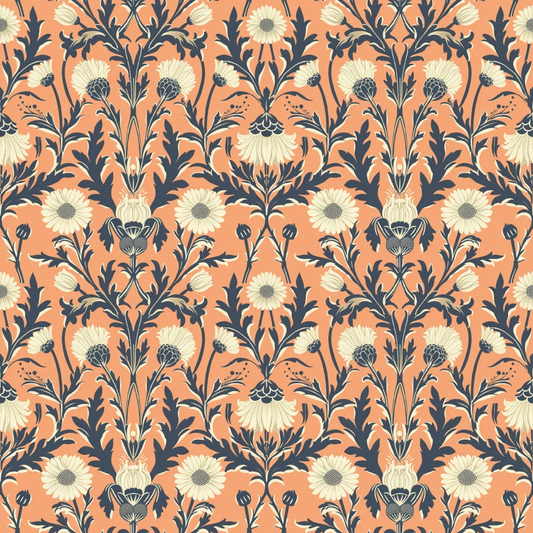 Floral pattern with white daisies and blue leaves on an orange background; symmetrical, repeating design.