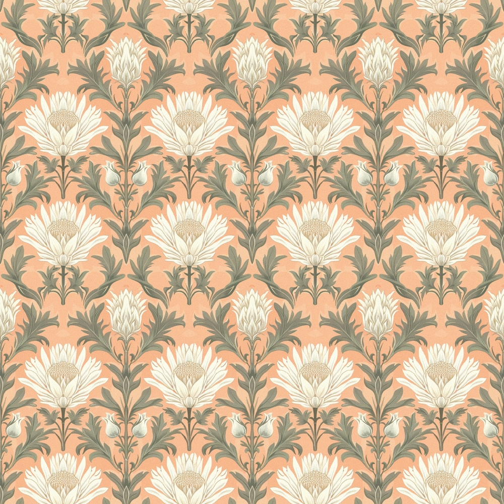 Repeating pattern of stylized flowers with cream petals and green leaves on a peach background.