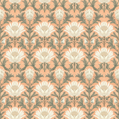 Repeating pattern of stylized flowers with cream petals and green leaves on a peach background.