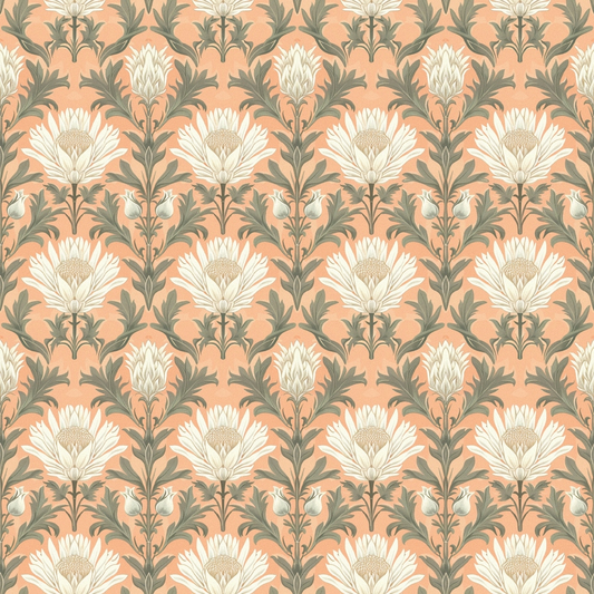 Repeating pattern of stylized flowers with cream petals and green leaves on a peach background.