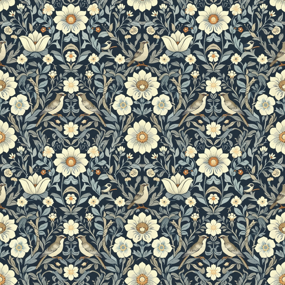 Floral pattern with cream flowers, leaves, and birds on a dark background, arranged symmetrically and repeating across the image.