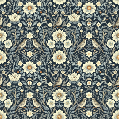 Floral pattern with cream flowers, leaves, and birds on a dark background, arranged symmetrically and repeating across the image.