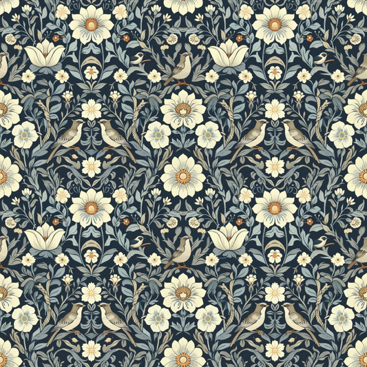 Floral pattern with cream flowers, leaves, and birds on a dark background, arranged symmetrically and repeating across the image.