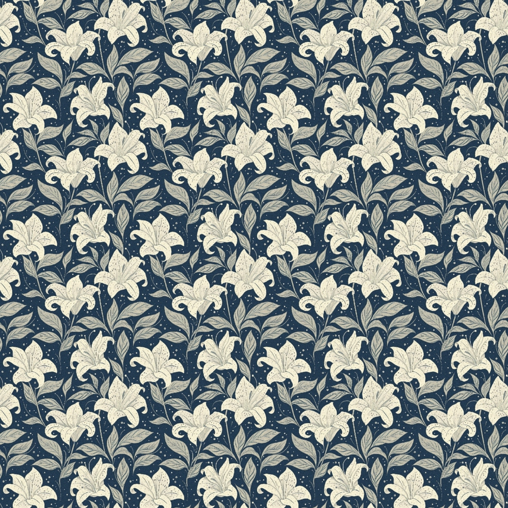 Pattern of beige lilies with leaves on a dark blue background.