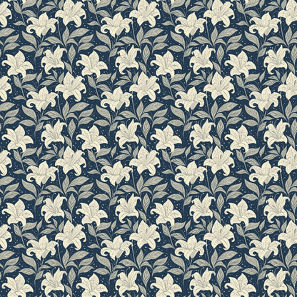 Pattern of beige lilies with leaves on a dark blue background.