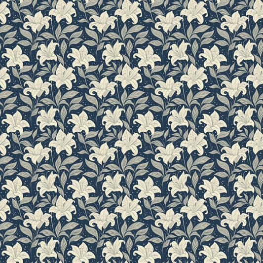 Pattern of beige lilies with leaves on a dark blue background.