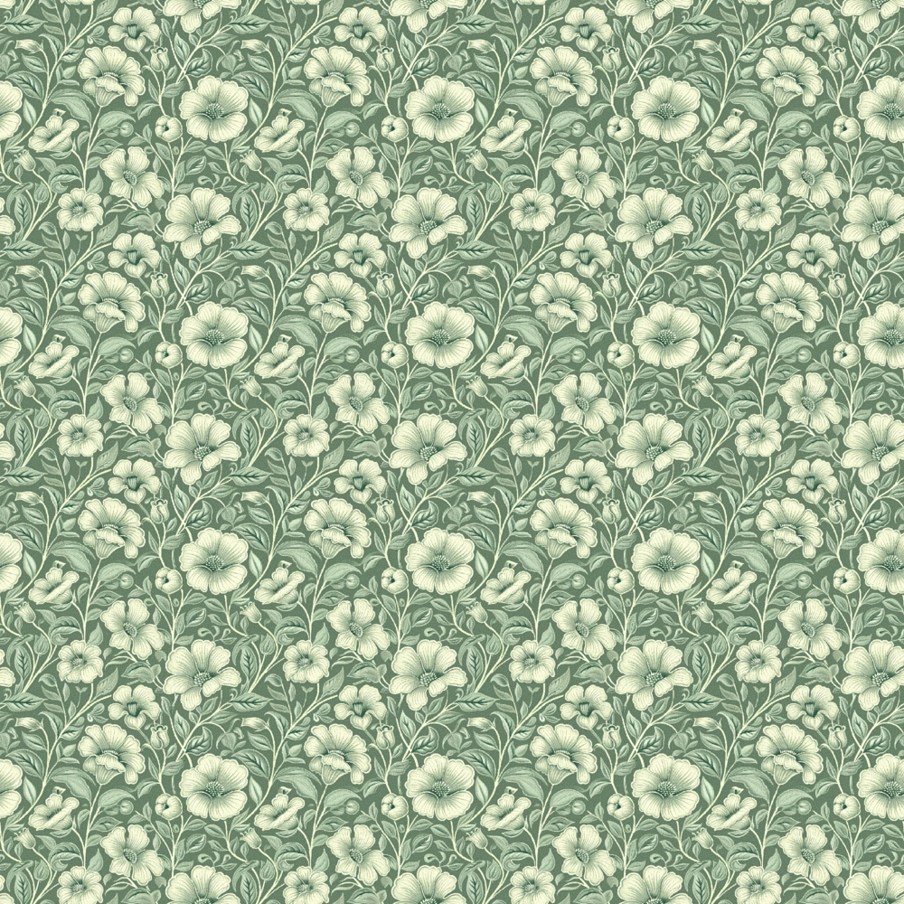 Seamless floral pattern with light-colored flowers and leaves on a green background.