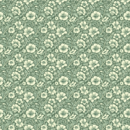 Seamless floral pattern with light-colored flowers and leaves on a green background.