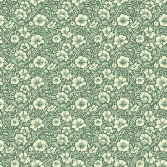 Seamless floral pattern with light-colored flowers and leaves on a green background.