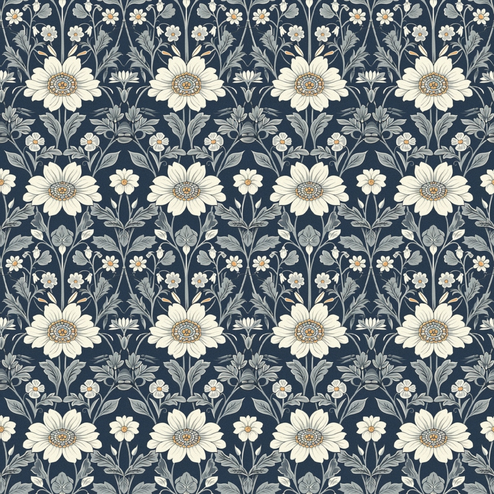 Pattern of white flowers and leaves on a dark blue background, arranged in a repeating design.