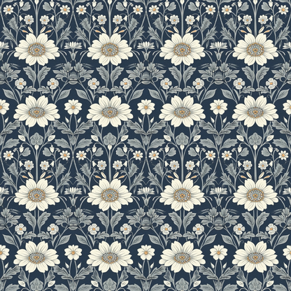 Pattern of white flowers and leaves on a dark blue background, arranged in a repeating design.