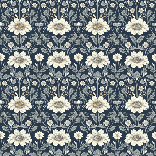 Pattern of white flowers and leaves on a dark blue background, arranged in a repeating design.