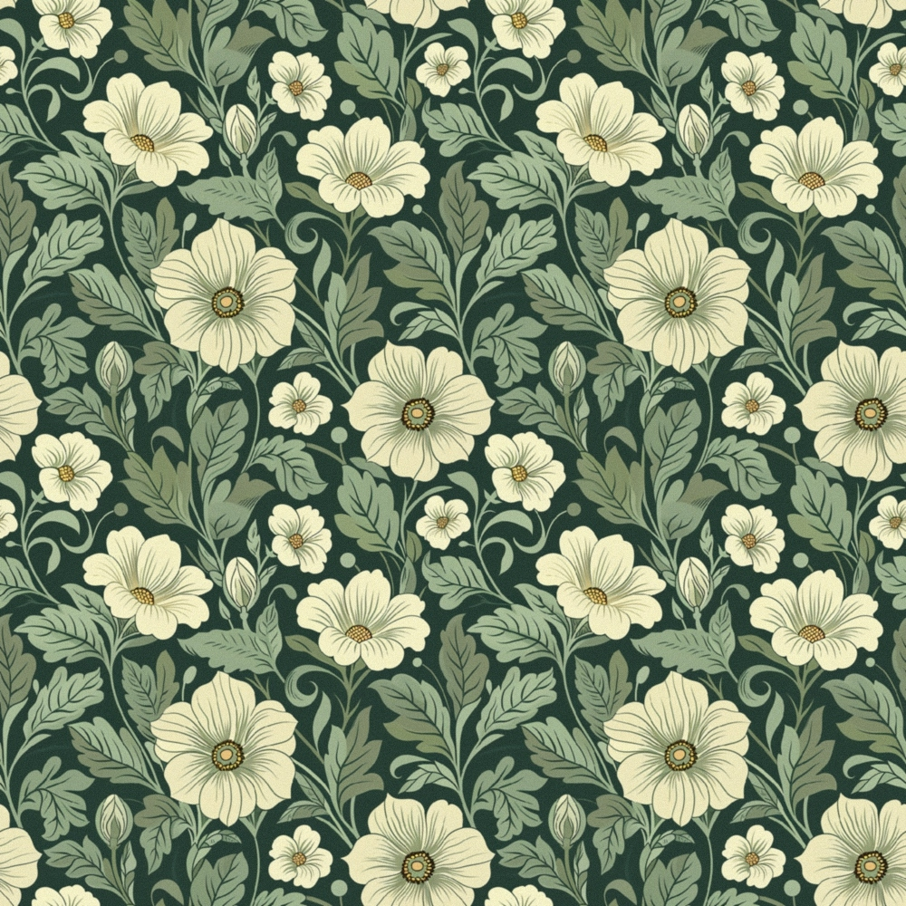 A seamless pattern of cream-colored flowers and green leaves on a dark background.