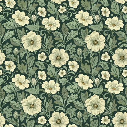 A seamless pattern of cream-colored flowers and green leaves on a dark background.