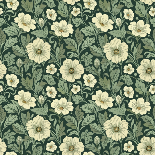 A seamless pattern of cream-colored flowers and green leaves on a dark background.