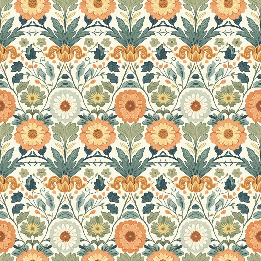 A repeating floral pattern with orange and white flowers, green leaves, and stylized vines. The design has a vintage aesthetic with symmetrical arrangements.