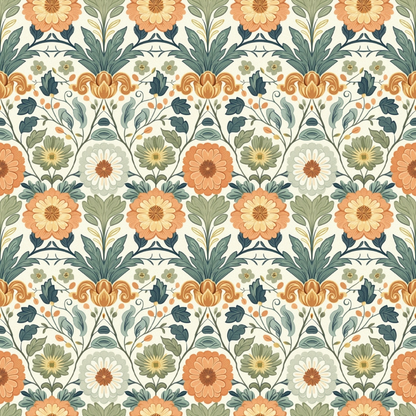 A repeating floral pattern with orange and white flowers, green leaves, and stylized vines. The design has a vintage aesthetic with symmetrical arrangements.