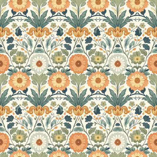 A repeating floral pattern with orange and white flowers, green leaves, and stylized vines. The design has a vintage aesthetic with symmetrical arrangements.