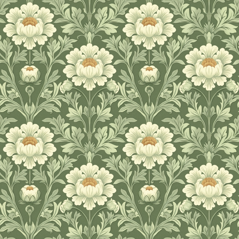 A repeating pattern of white flowers with green leaves on a green background.