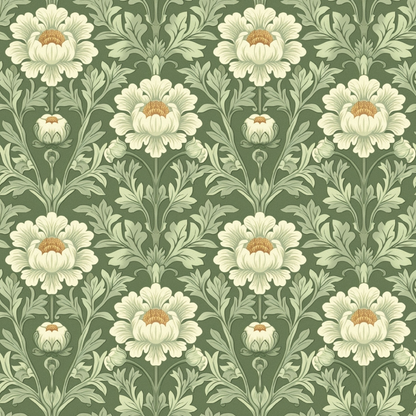 A repeating pattern of white flowers with green leaves on a green background.