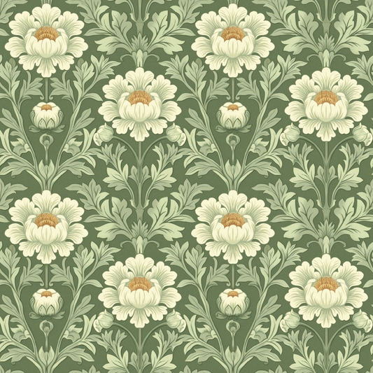 A repeating pattern of white flowers with green leaves on a green background.