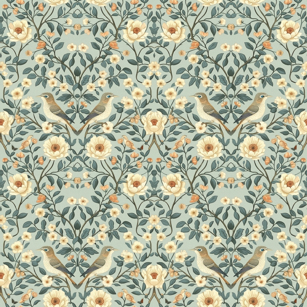 Floral wallpaper pattern featuring birds and cream-colored flowers with green leaves on a light blue background.