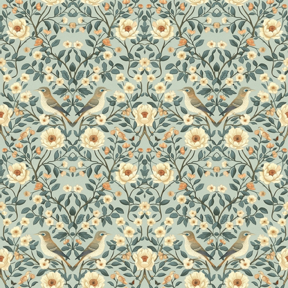 Floral wallpaper pattern featuring birds and cream-colored flowers with green leaves on a light blue background.